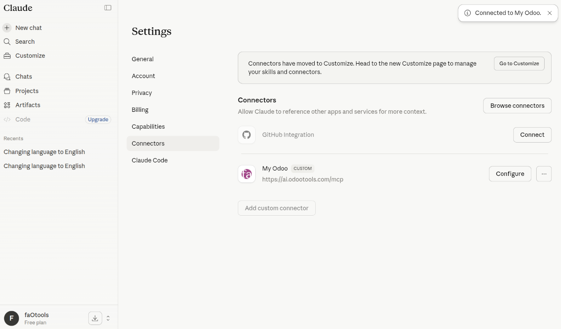 Claude settings interface showing the 'My Odoo' connector as configured and a 'Connected to My Odoo' confirmation message.